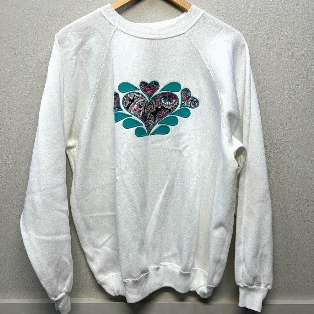 Vtg Hanes Sport Crewneck Sweatshirt XL White Heart Applique Patchwork